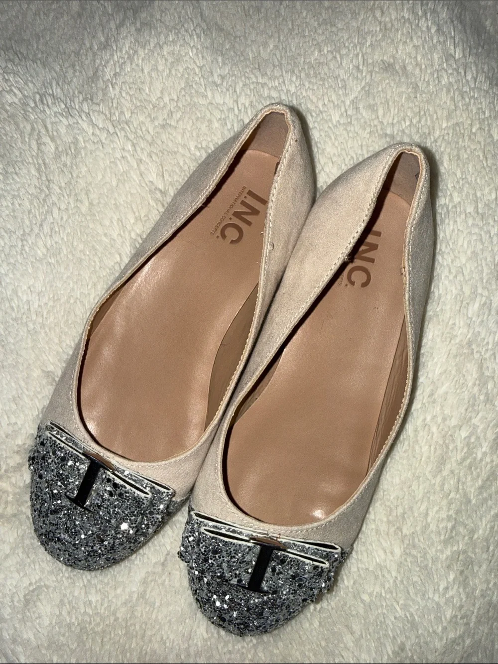 Girls Beige Flats with Silver Glitter Toe